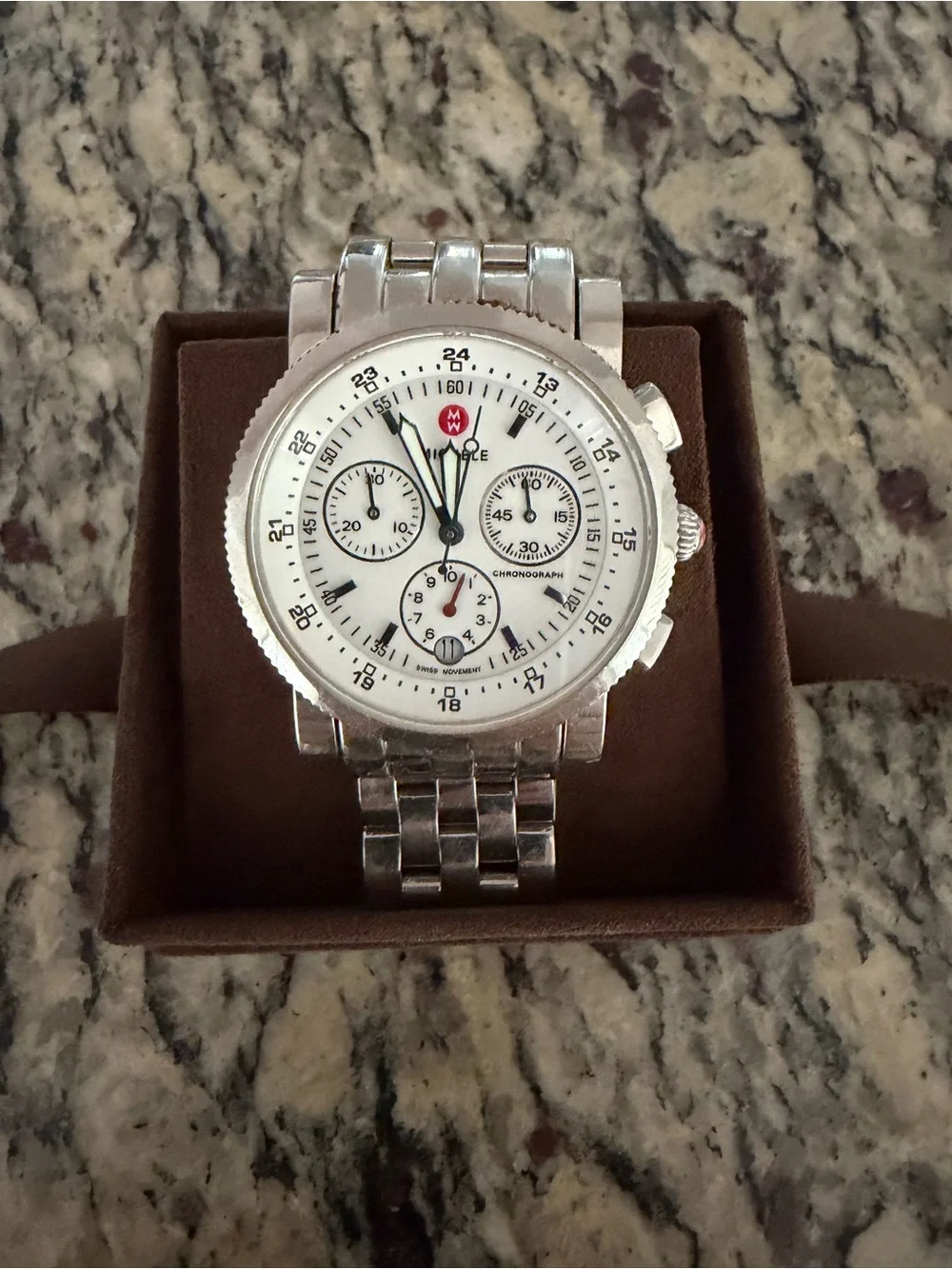 Michele Silver Stainless Steel Chronograph Watch with White Dial